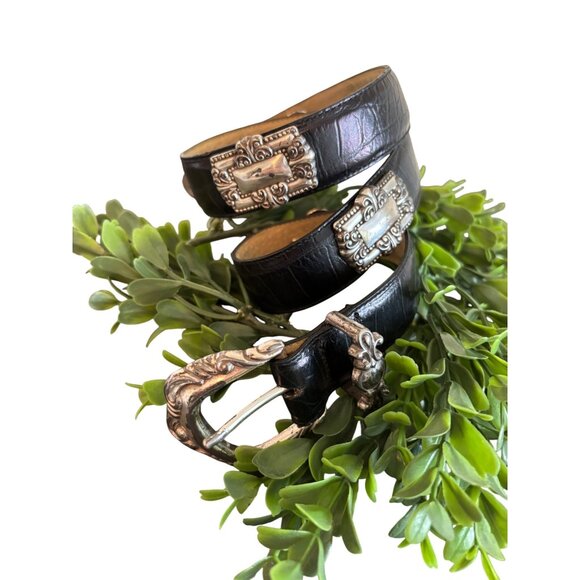 Vintage Brighton Leather Belt, Embossed Alligator Print leather, Concho Silver O - Picture 1 of 13